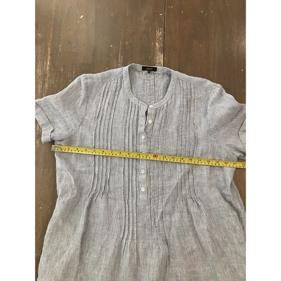 Quince Blue Pinstripe Swing Dress 100% European Linen With Pockets Button Medium - Picture 8 of 11